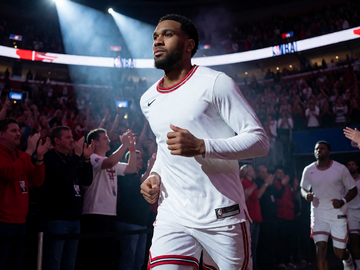 NBA新赛季揭幕战现场，球员在聚光灯下入场接受球迷欢呼的震撼场面